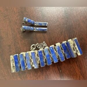 Vintage Acleoni Sterling Silver Lapis Lazuli Inlay Link Bracelet & Earrings